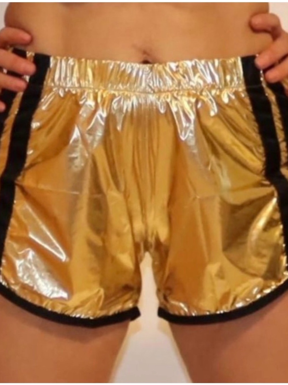 Metallic Gold Women’s Athletic Shorts with Black Trim